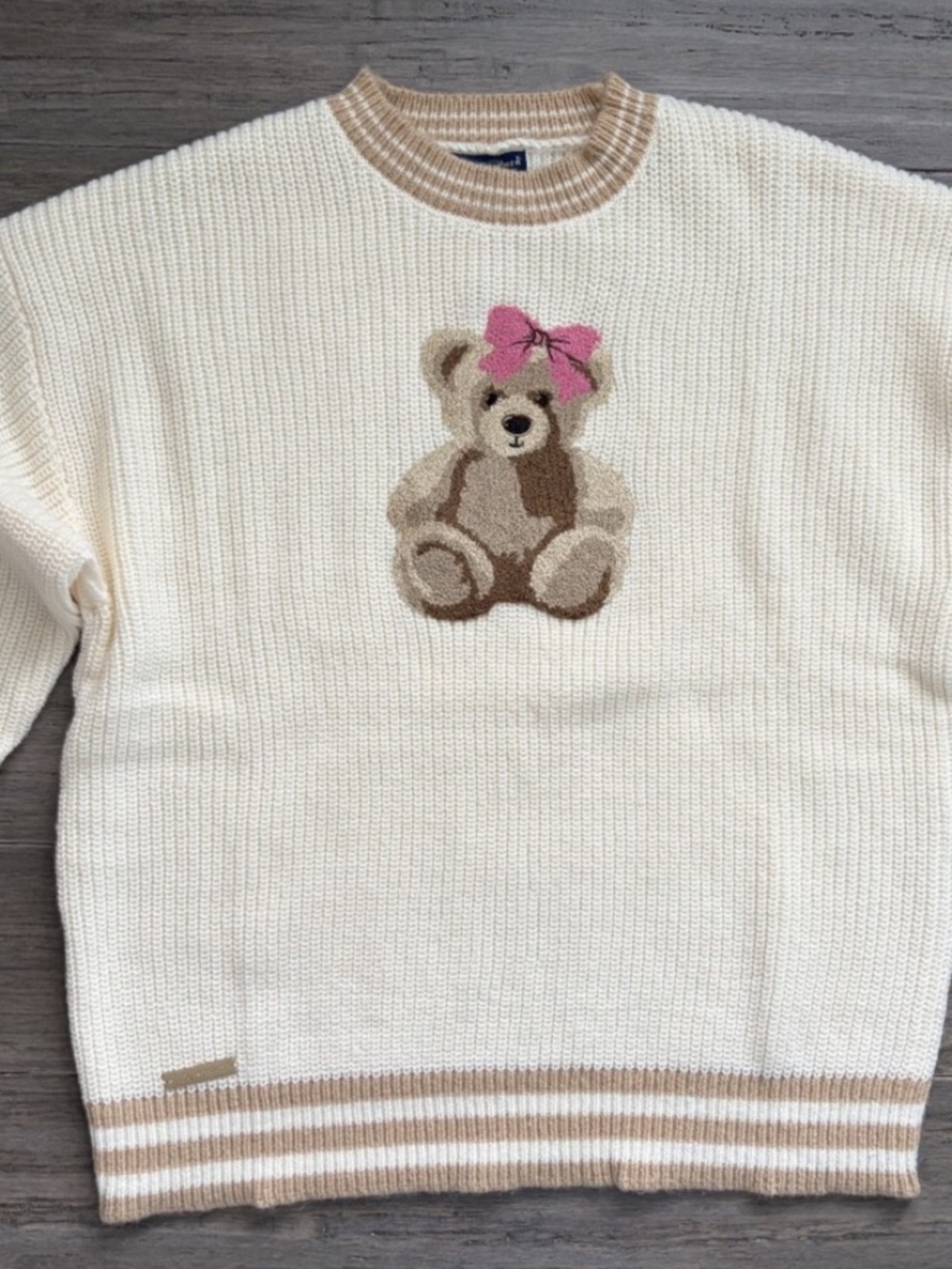 NEW Simply Southern Women LG Cream Teddy Bear Pink Bow Sweater Crew Neck Knit